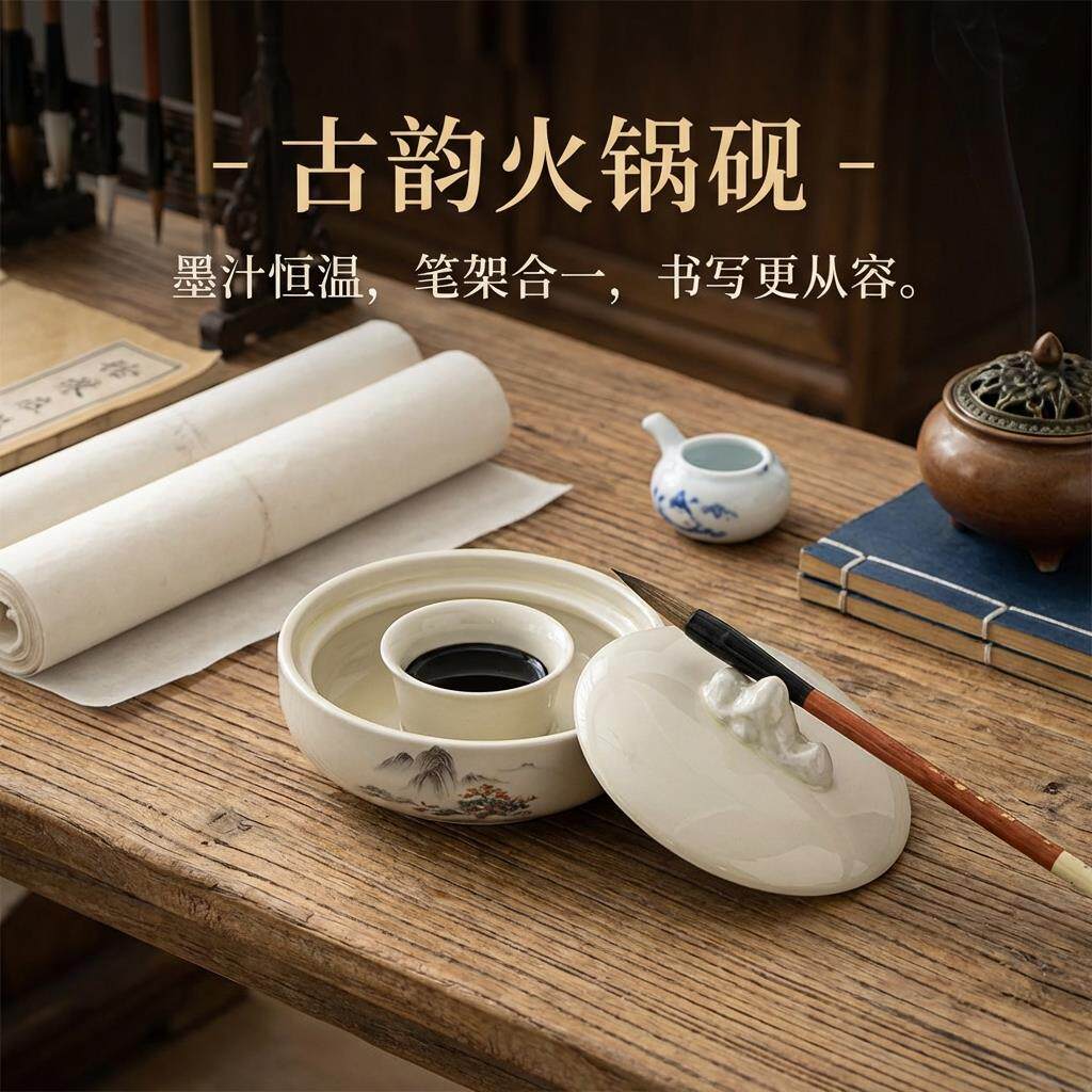 陶瓷砚台书法专用不干墨池多功能火锅墨砚带盖烟灰缸磨盘文房四宝