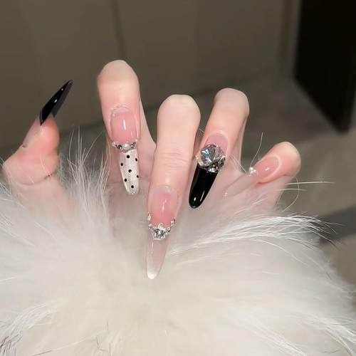 爆闪秋冬气质高级波点黑色千金香槟猫眼法式纯手工显白穿戴美甲