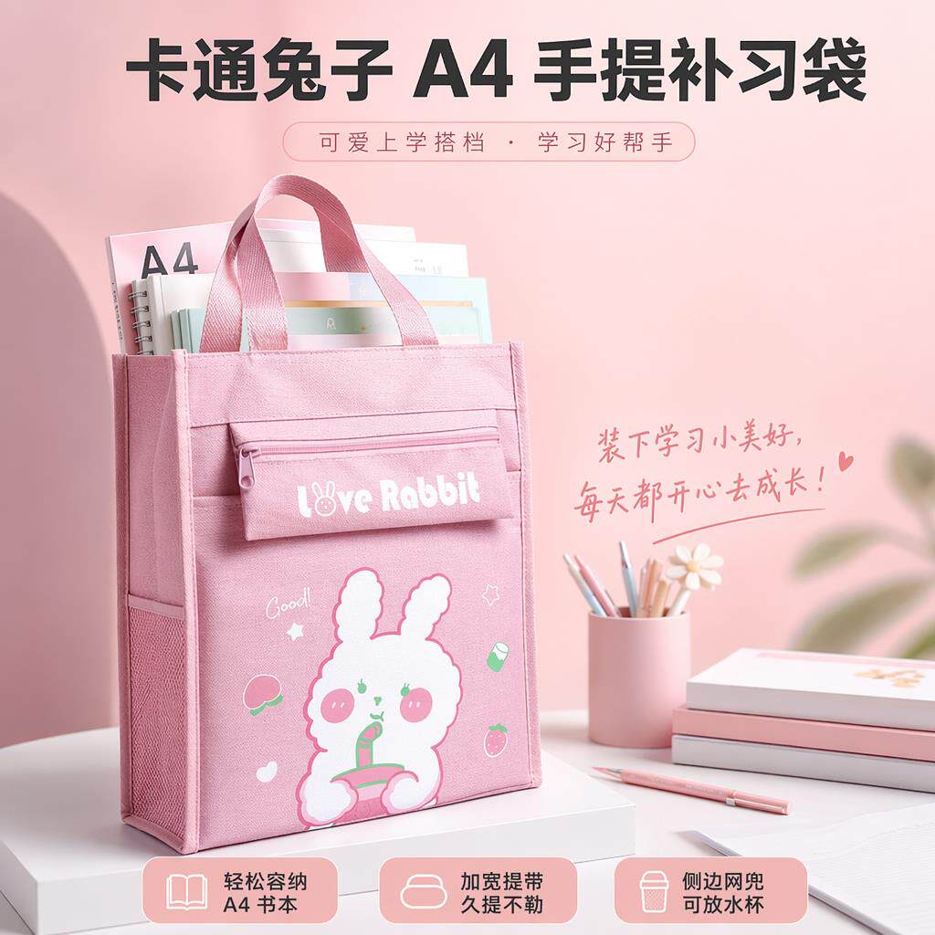 儿童美术班帆布补习袋手拎大容量防水手提包男女小学生卡通拎书袋手提补习袋A4牛津布多功能学生书包卡通兔子