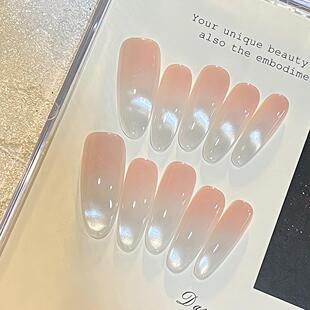 纯手工超长法式温柔裸色白开水冰透玻璃珠猫眼美甲穿戴甲可