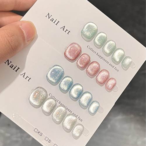 白月光纯手工穿戴甲陶瓷猫眼新款爆闪水晶瓷白猫眼胶美甲