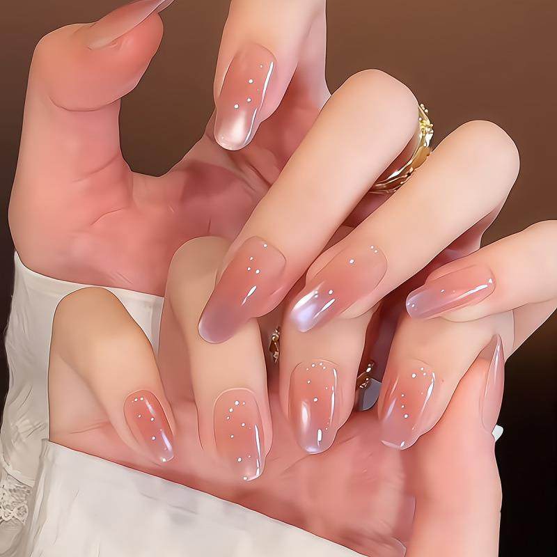 纯手工穿戴甲ins风温柔紫色渐变玻璃珠爆闪气质显白椭圆美甲贴片,收纳整理,指甲油收纳盒,淘宝优惠券,粉丝福利购,淘宝优惠卷