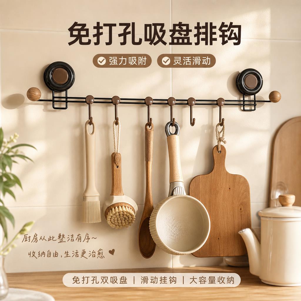 吸盘排钩 可滑动免打孔 厨房化妆室衣物餐具壁挂收纳挂钩