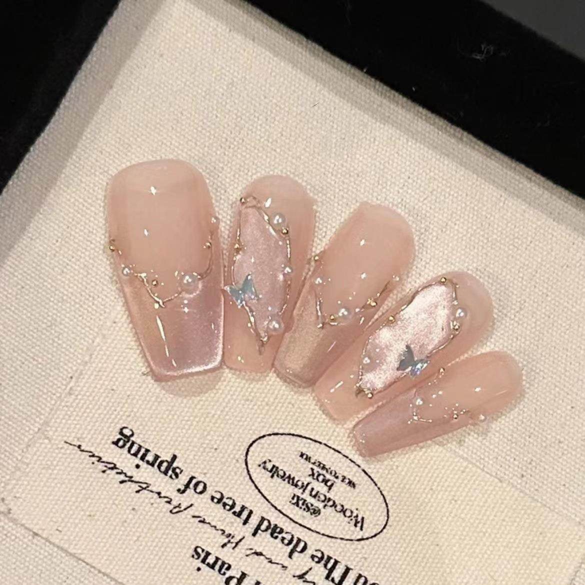 仲夏之梦手工穿戴甲晨露蝶翼气质显白光疗甲夏日粉色纯欲风美甲