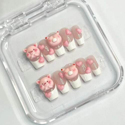 10片装手工穿戴甲粉小猪法式美甲贴片指甲贴片成品可爱长款假指甲