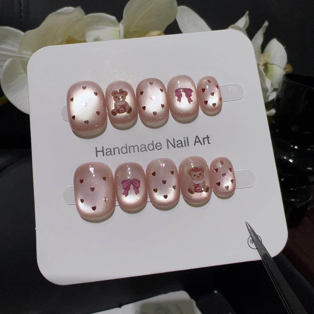 【粉桃小熊】小众软萌爱心波点小熊美甲甜妹蝴蝶结质感手工穿戴甲,收纳整理,指甲油收纳盒,淘宝优惠券,粉丝福利购,淘宝优惠卷