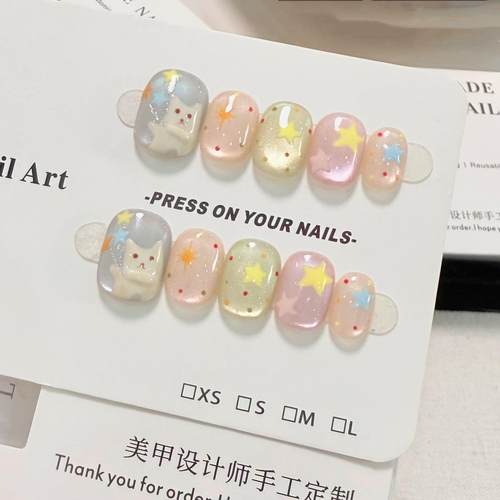 萌萌猫咪纯手工穿戴甲玻璃珠猫眼手绘彩色星星波点可爱美甲