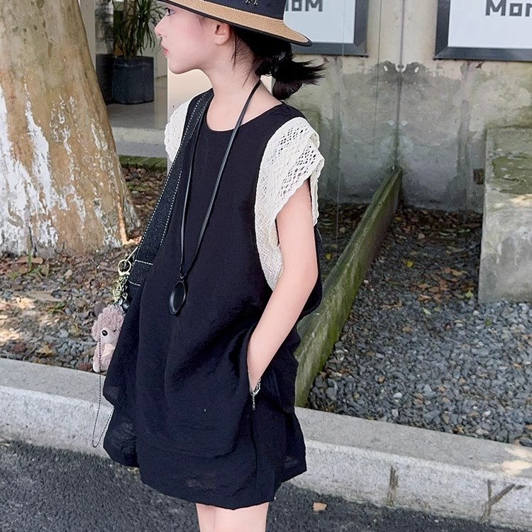 女童夏装棉麻蕾丝拼接上衣短裤套装2025新款儿童高级感穿搭两件套