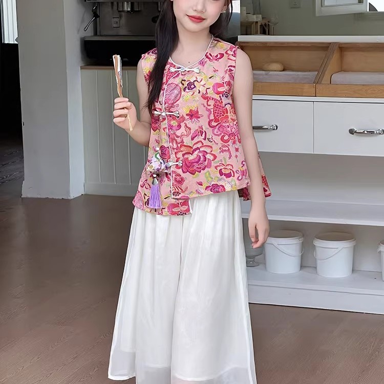 女童汉服套装夏季2025新款儿童国风夏装女孩盘扣背心阔腿裤两件套