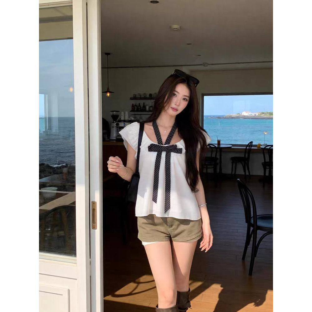 杨超越同款小飞袖蝴蝶结显瘦T恤