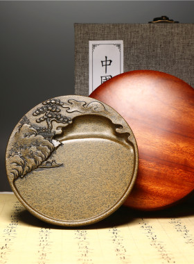 非遗 歙砚雕刻技艺《博艺山水》老坑歙砚砚台 天然原石精品歙县黄鱼子手工带盖砚台 文房四宝大师砚台