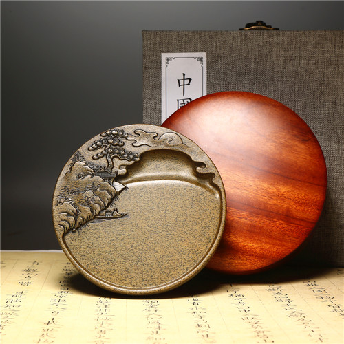 非遗 歙砚雕刻技艺《博艺山水》老坑歙砚砚台 天然原石精品歙县黄鱼子手工带盖砚台 文房四宝大师砚台