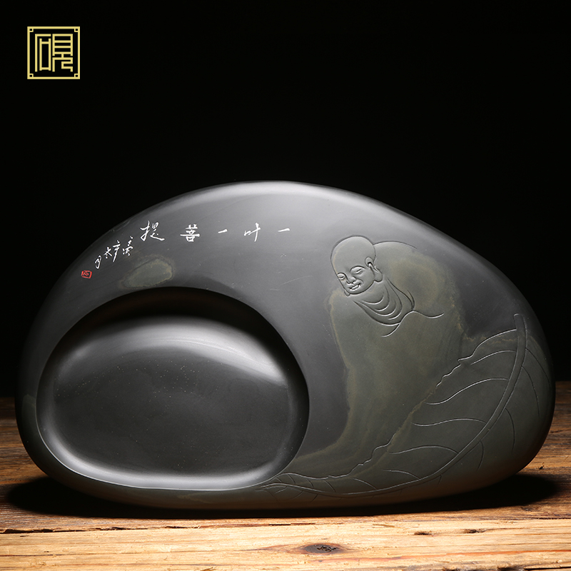 非遗传承歙砚名砚《一叶一菩提》名师老坑砚台高档礼品珍藏天然原石歙砚端砚文房四宝收藏成人研磨墨块砚台