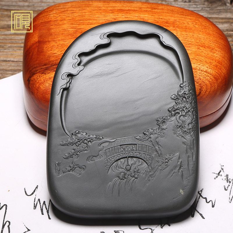 匠心非遗名师许亚祥作品/会友图/手工雕刻制作天然眉纹原石歙砚中华龙