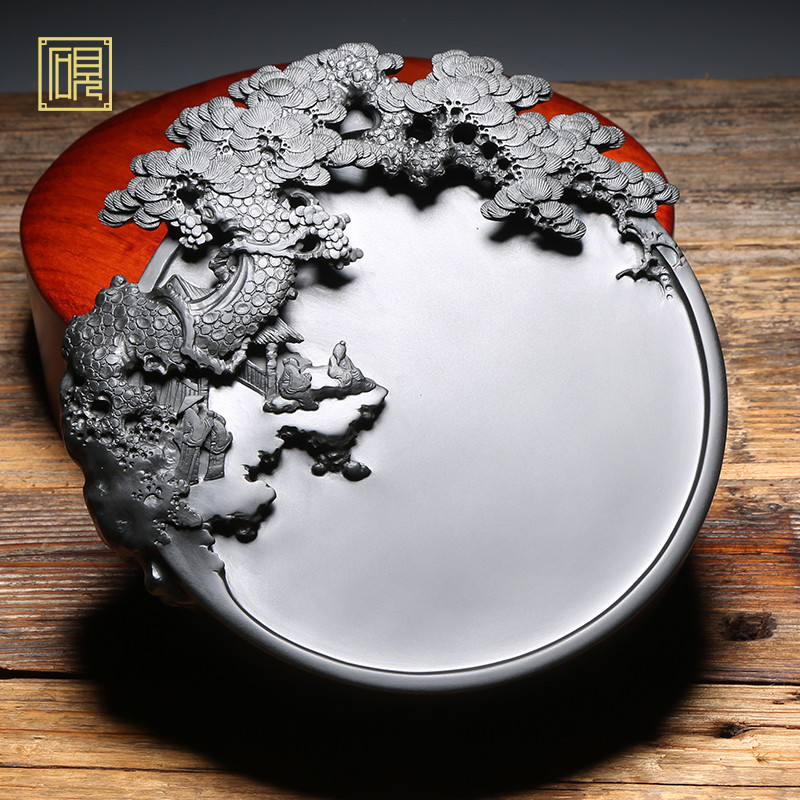 【孤品】匠心非遗传人工艺美术大师砚台《松下对弈》老坑歙砚砚台 精品天然黑龙尾籽料歙砚高档砚台 文房四宝