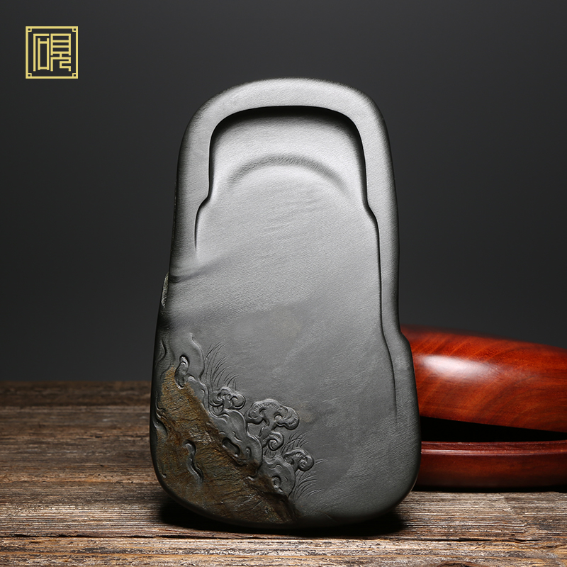 匠心非遗精品歙砚/灵芝砚/名师歙砚老坑眉纹原石籽料砚台名坑原石浮雕手工老坑收藏送礼佳品文房摆件龙尾砚