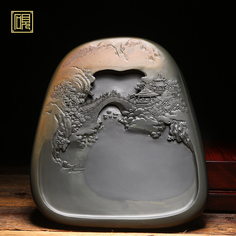 孤品老坑砚台山水如画名师作品
