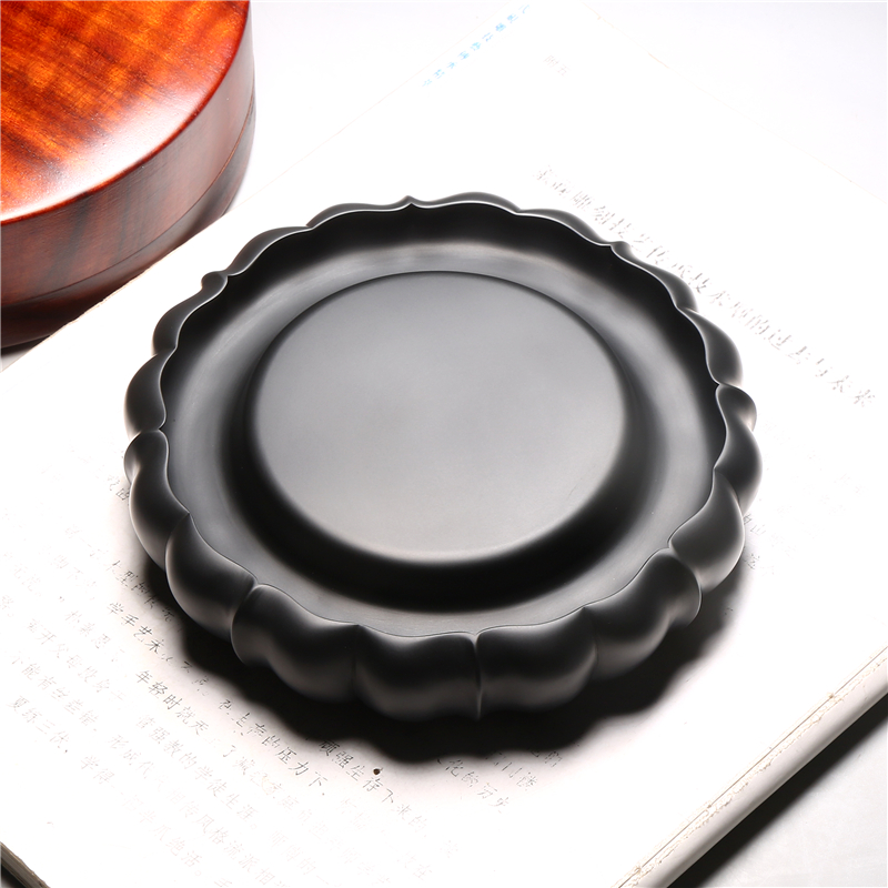 【孤品 一物一图】非遗名师砚台作品/莲花砚/手工雕刻制作老坑原石歙砚天然黑龙尾原石高档文房礼品收藏端砚