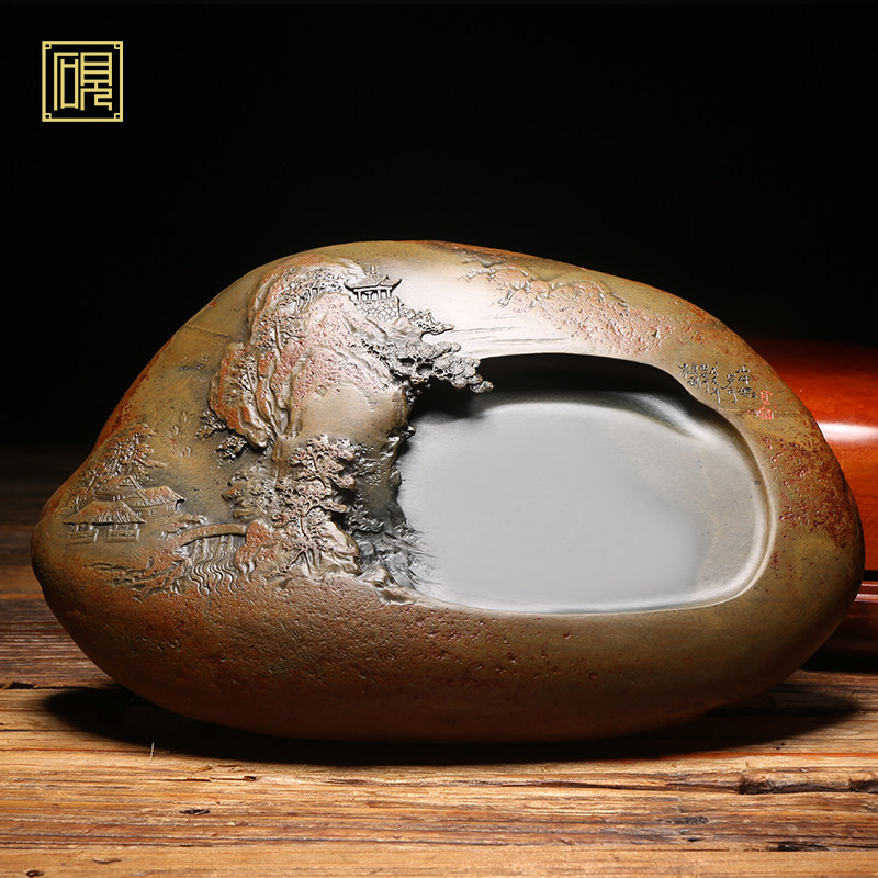 非遗传承歙砚名砚《山中无岁月》名师老坑砚台高档礼品珍藏天然原石歙砚端砚文房四宝收藏成人研磨墨块砚台