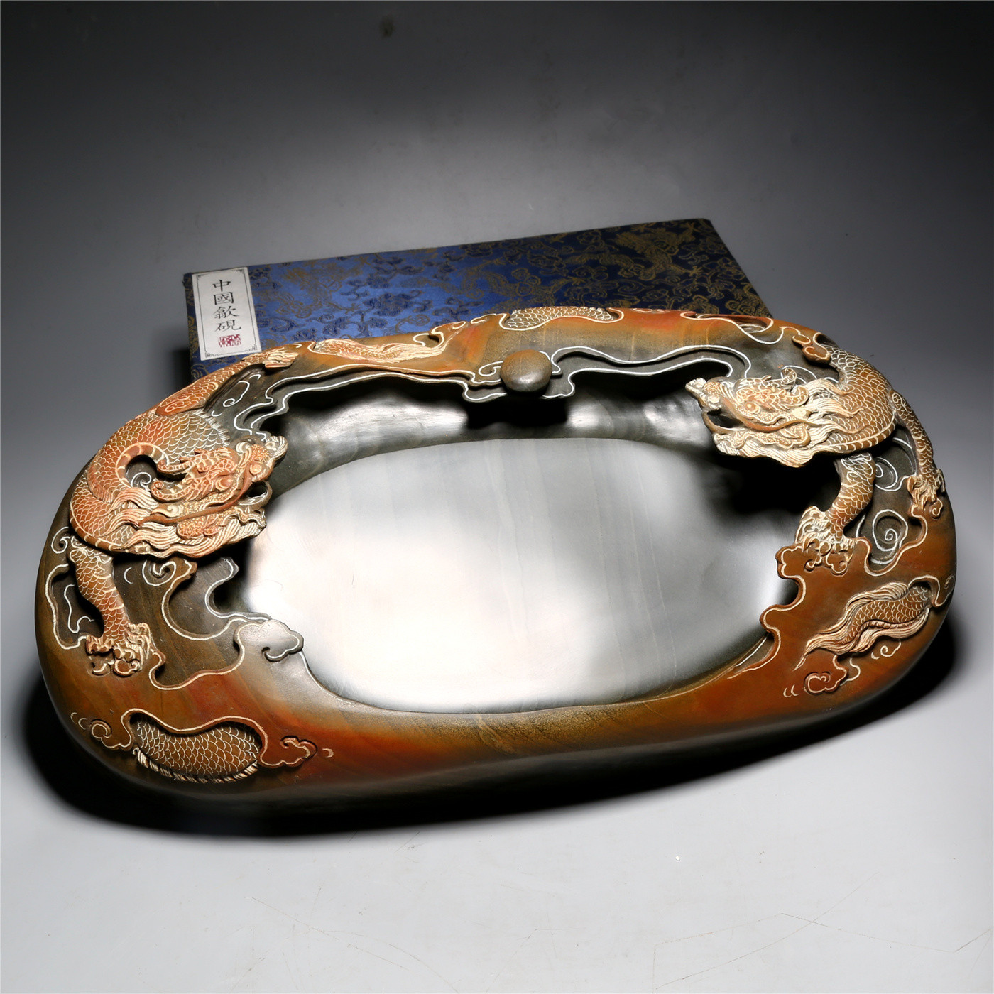 非遗/名师手工砚台/双龙戏珠/天然原石老坑金晕精品高档珍藏文房四宝书法专用歙砚端砚成人研磨墨砚台