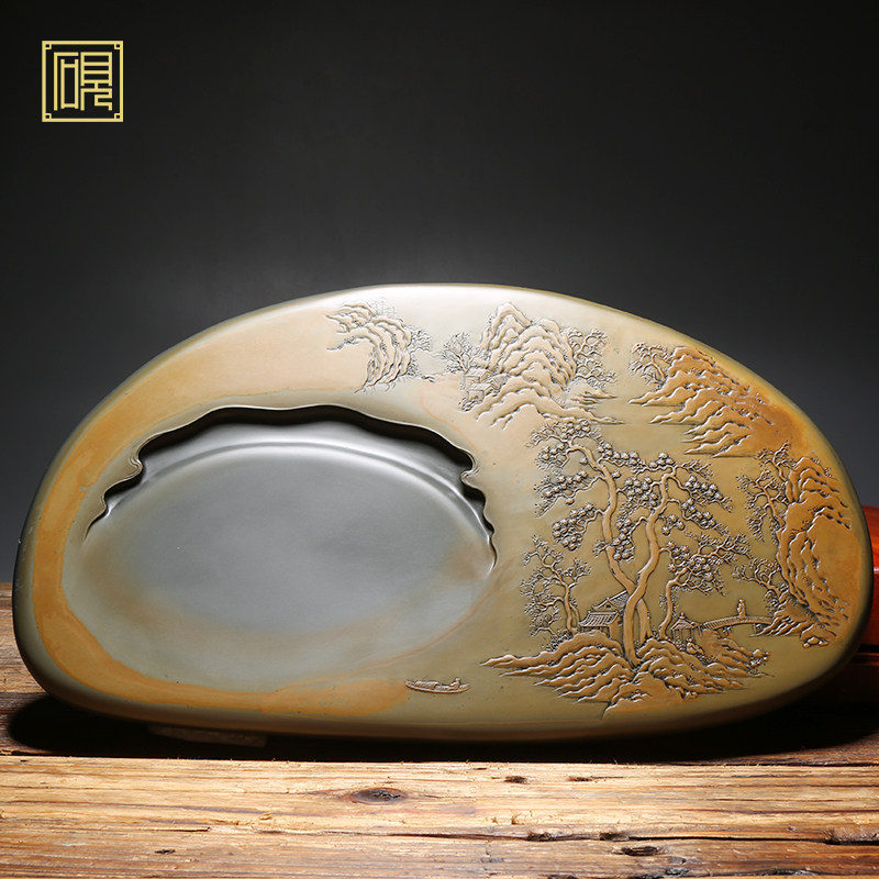 非遗传承歙砚名砚《溪山胜景》名师老坑砚台高档礼品珍藏天然原石歙砚端砚文房四宝收藏成人研磨墨块砚台