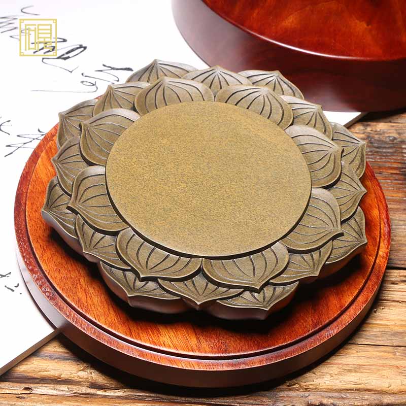 孤品 匠心非遗 大师砚 老坑砚台作品《莲花砚》老坑籽料原石歙砚收藏作品精品高档原石歙砚文房四宝端砚