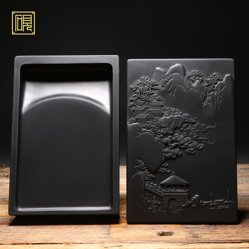匠心非遗孤品歙砚手工雕刻 山水如画 名砚老坑砚台文房四宝书法用品礼盒套装天然原石名师设计收藏送礼佳品