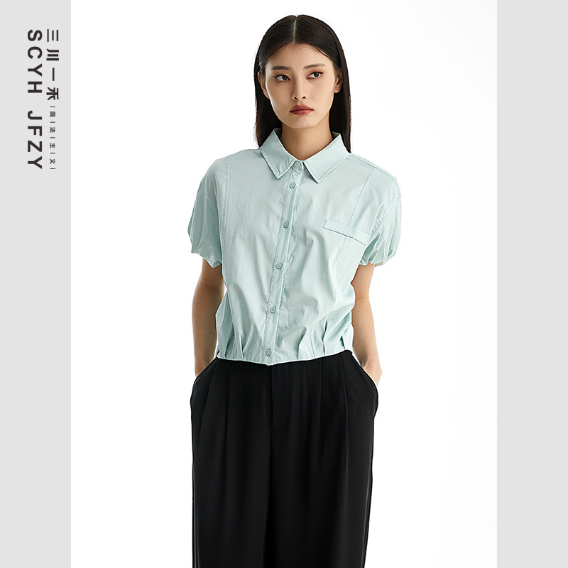 三川一禾女士夏季高腰时尚短款泡泡袖衬衫