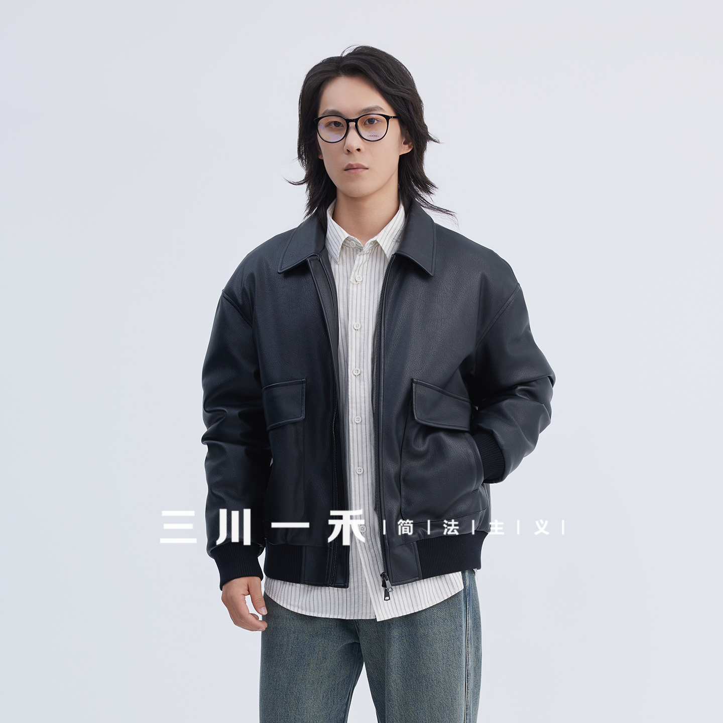 三川一禾男士翻领时尚皮衣羽绒服