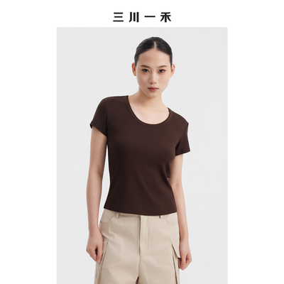 日常通勤时尚修身U领短袖T恤上衣