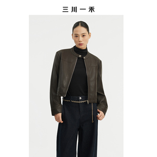 三川一禾秋季小高腰女士时尚PU皮复古街头新款圆领时尚皮衣外套