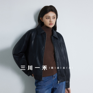 三川一禾女士翻领时尚皮衣羽绒服2025冬新款保暖白鸭绒外套上衣