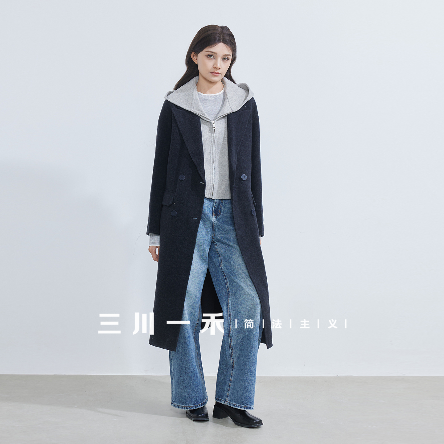 三川一禾女士连帽假两件双面呢大衣2025冬新款时尚百搭休闲外套