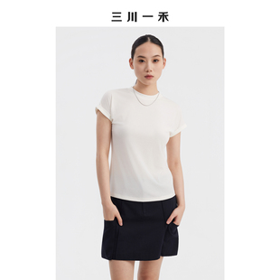 三川一禾夏季新款女士时尚轻熟风简约修身圆领翻边短袖T恤上衣