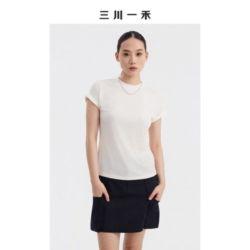 时尚轻熟风简约修身圆领翻边短袖