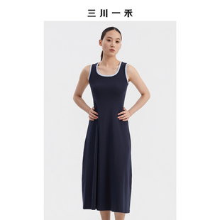 三川一禾宽肩带女士夏季新款收腰显瘦阔版假两件撞色吊带连衣裙