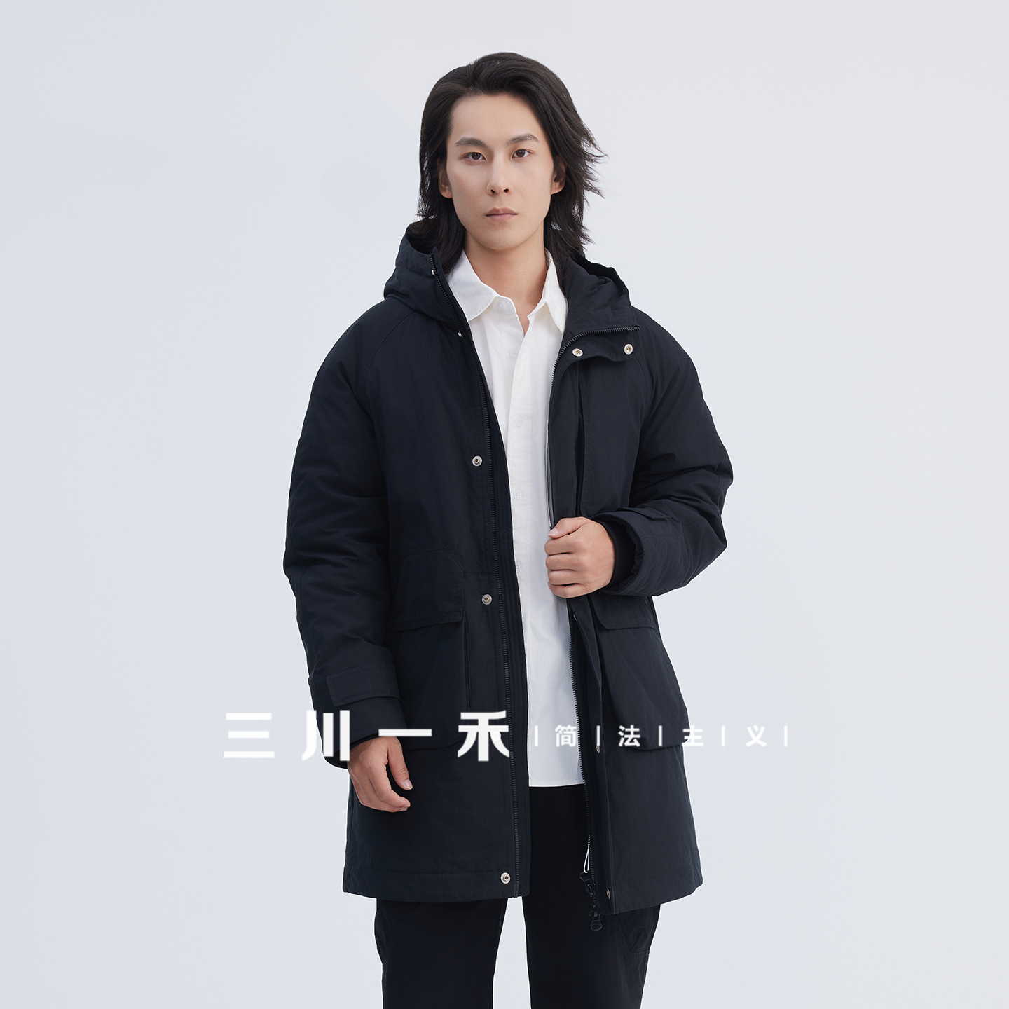 三川一禾男士格纹连帽羽绒服