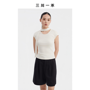 三川一禾时尚设计感女士2026夏季新款修身显瘦气质亲肤飘带上衣