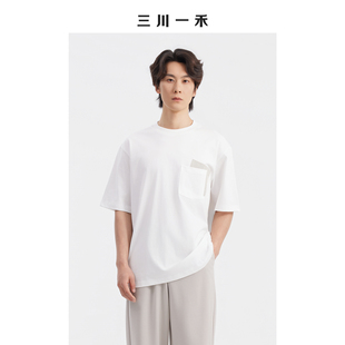 三川一禾潮流百搭男士夏季宽松时尚拼接不对称双袋短袖T恤上衣