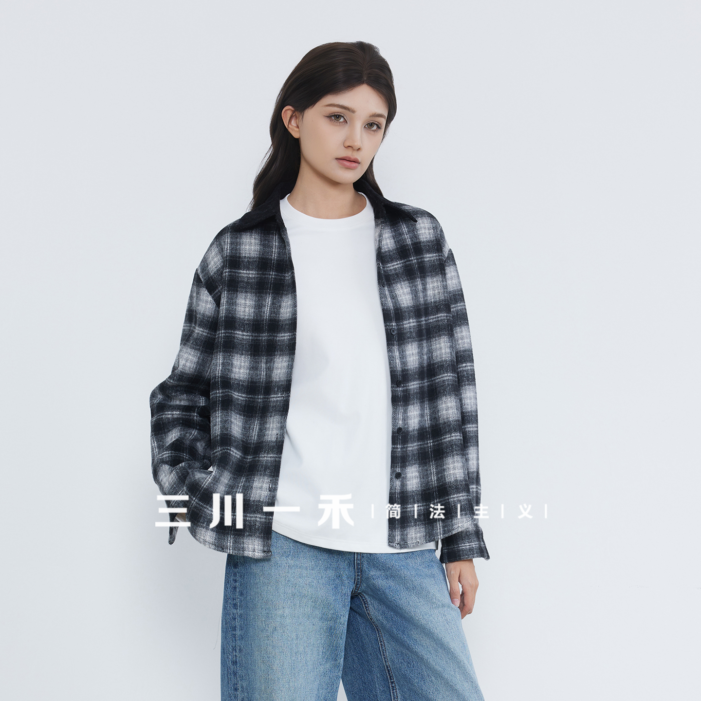 三川一禾女士灯芯绒拼接格纹衬衫