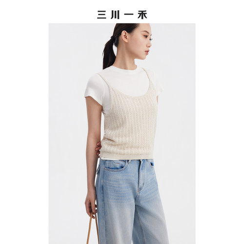 时尚夏季百搭镂空钩花吊带针织衫