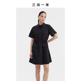 三川一禾日系轻户外女士夏季新款时尚工装多袋中长全棉短袖连衣裙