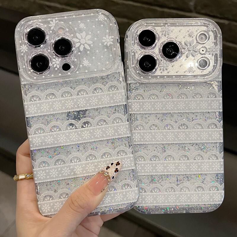 适用苹果系列iPhone17新款手机壳13pro/16promax小香风蕾丝爆闪15promax14promax全包闪粉花朵镜框网红保护套