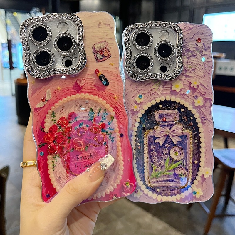 适用苹果系列iPhone17新款手机壳16promax小众时尚紫色梦幻珍珠香水15promax全包满钻精孔镜头扭边网红保护套