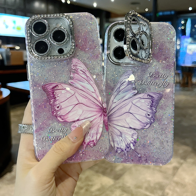 适用苹果系列iPhone16新款手机壳15pro时尚ins紫色闪粉半边蝴蝶13pro/14promax全包镜头膜钻框支架网红保护套