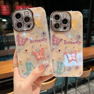 适用苹果系列iPhone16新款手机壳15pro/14promax多色蝴蝶滴胶13pro/16promax全包闪粉镜头膜网红女款保护套