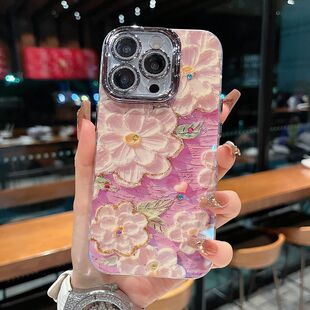 适用苹果系列iPhone16新款 14promax优雅温柔油画花朵13pro16promax银灰色闪粉镜头支架保护套 手机壳15promax