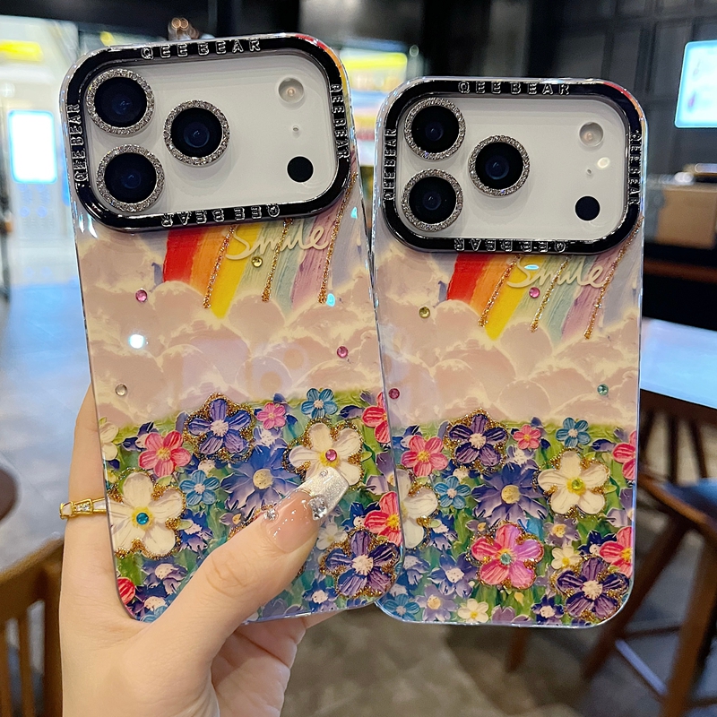 适用苹果系列iPhone17新款手机壳15pro/16promax个性彩虹油画花海13pro/14promax闪砖电镀镜头膜时尚感保护套