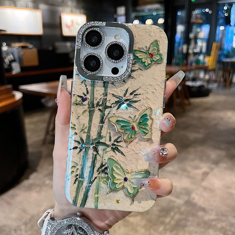适用苹果iPhone15系列新款手机壳14promax女款优雅半钻镜框国风竹叶绿蝴蝶镜头膜带闪钻12/13/14网红保护套