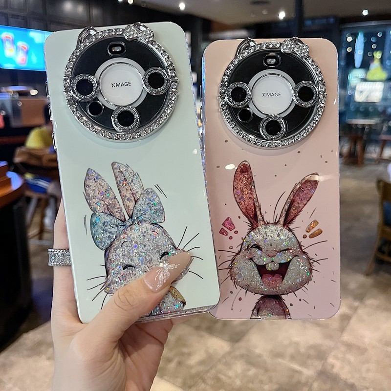 适用华为mate70系列苹果新款手机壳mate60时尚可爱托脸蓝底兔子P70/P70pro猫咪镜头膜一体钻框网红女款保护套